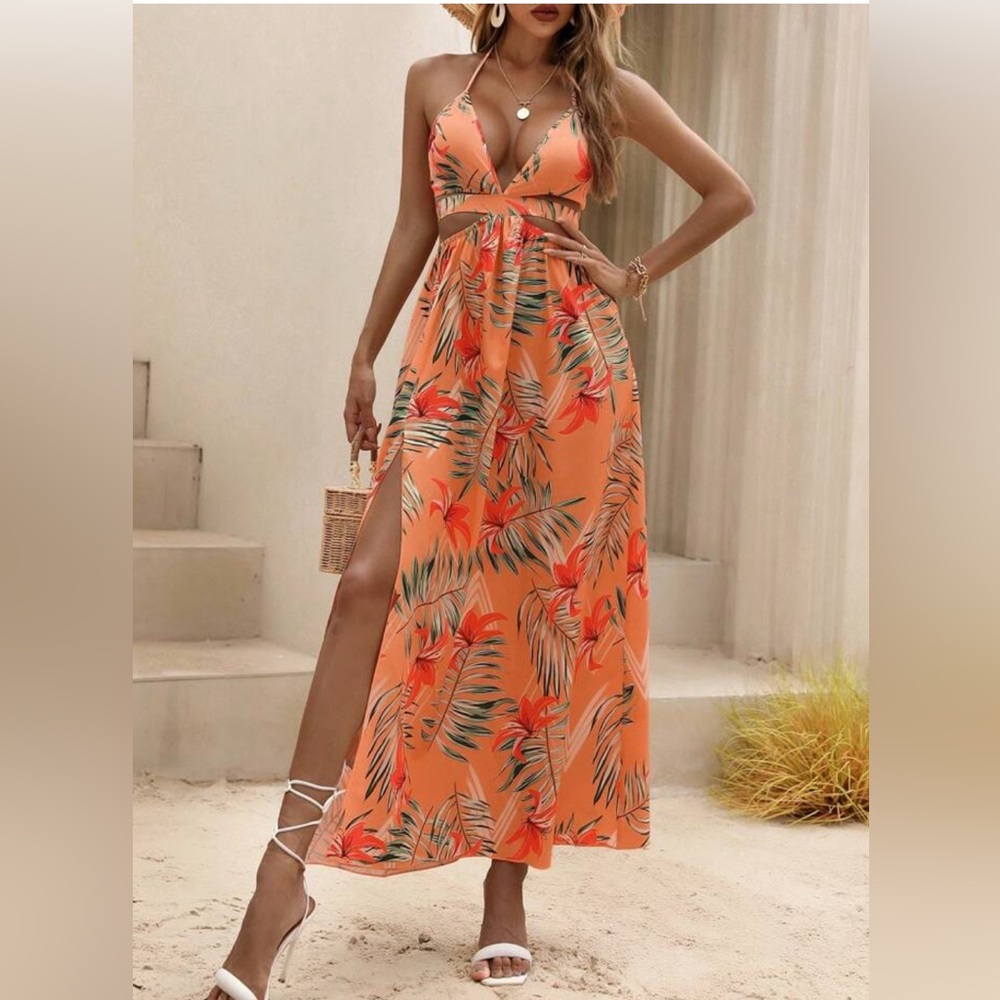 Tropical Floral Cut Out Halter Maxi Dress Colourful Orange Size XS